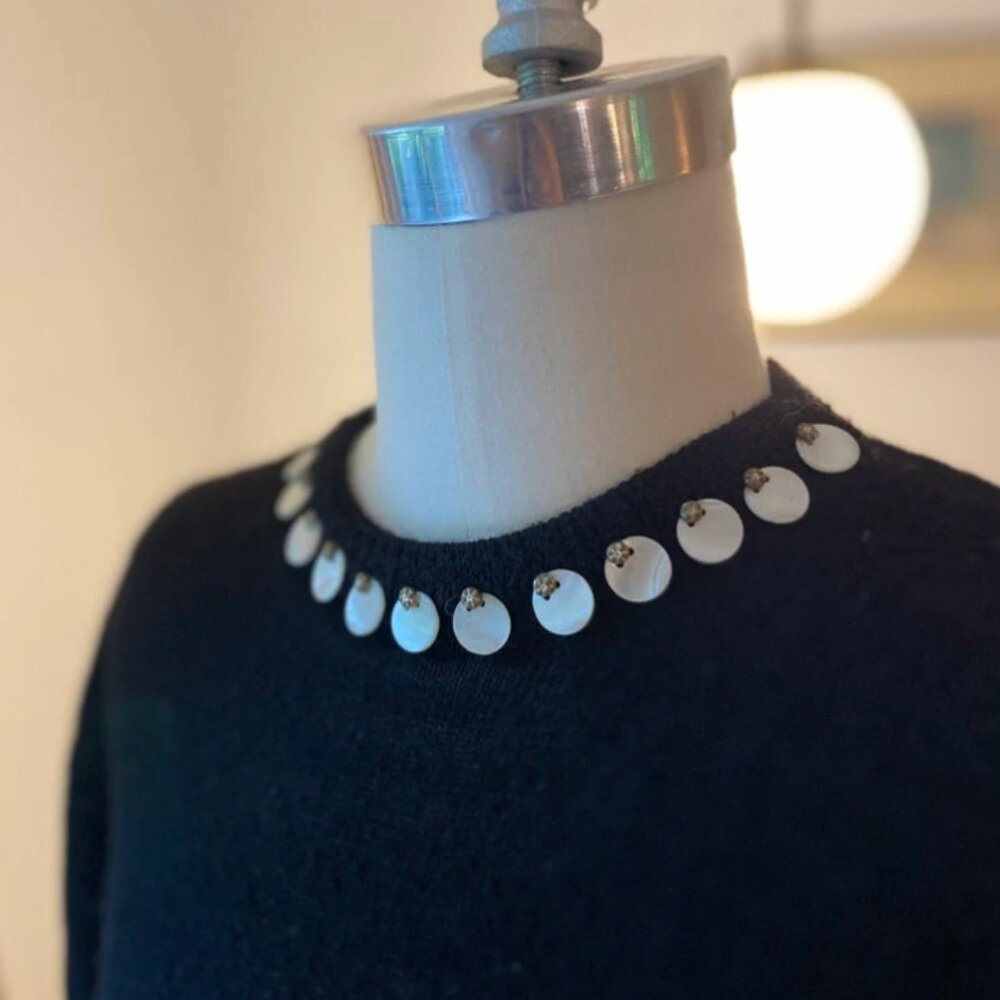 1940s Black short Sleeve sweater with Mother of Pearl embellishment at neckline - Picture 2 of 4